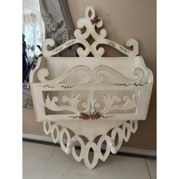 Vintage Handmade Wall Shelf mail holder white cottage wood white shabby hooks - Picture 1 of 16